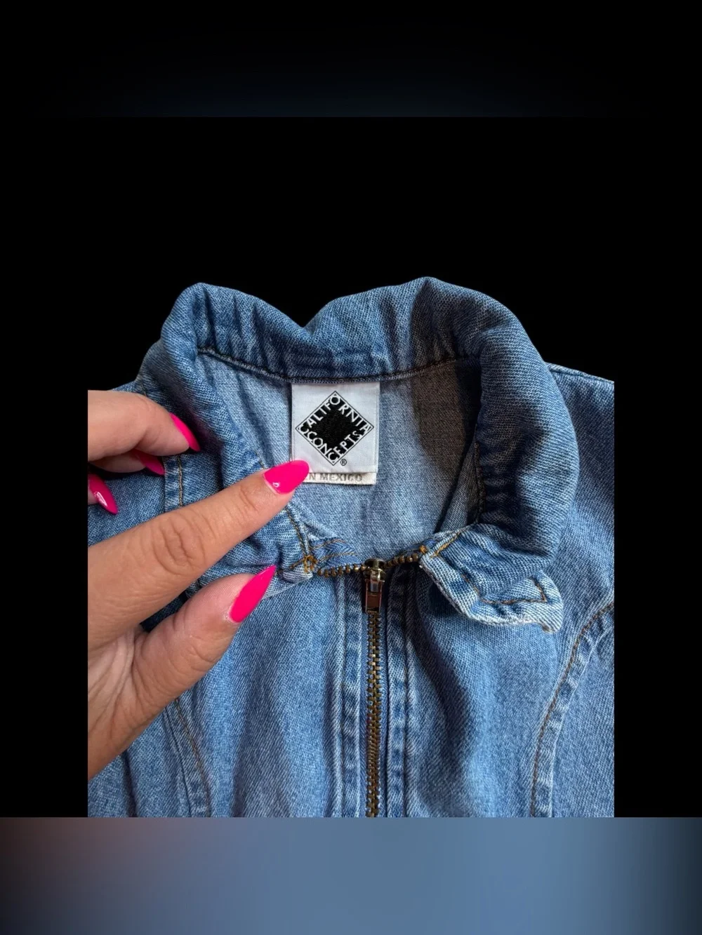 Vintage 90s Y2K California Concepts Cropped Denim Vest Zip Up Floral Trim Sz 5